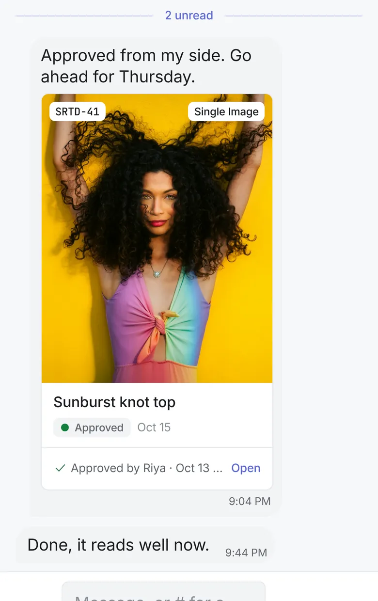 A client approving a post in a Sorted chat, with who approved it and when